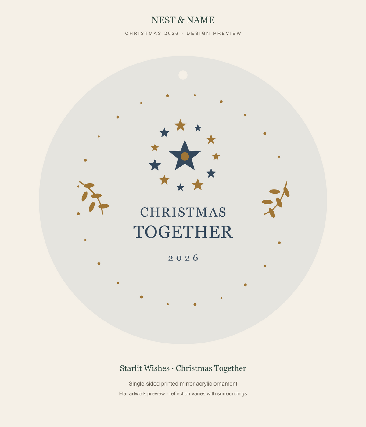 Starlit Wishes Christmas Together Mirror Ornament 2026 — flat artwork preview for mirror acrylic; not a photograph