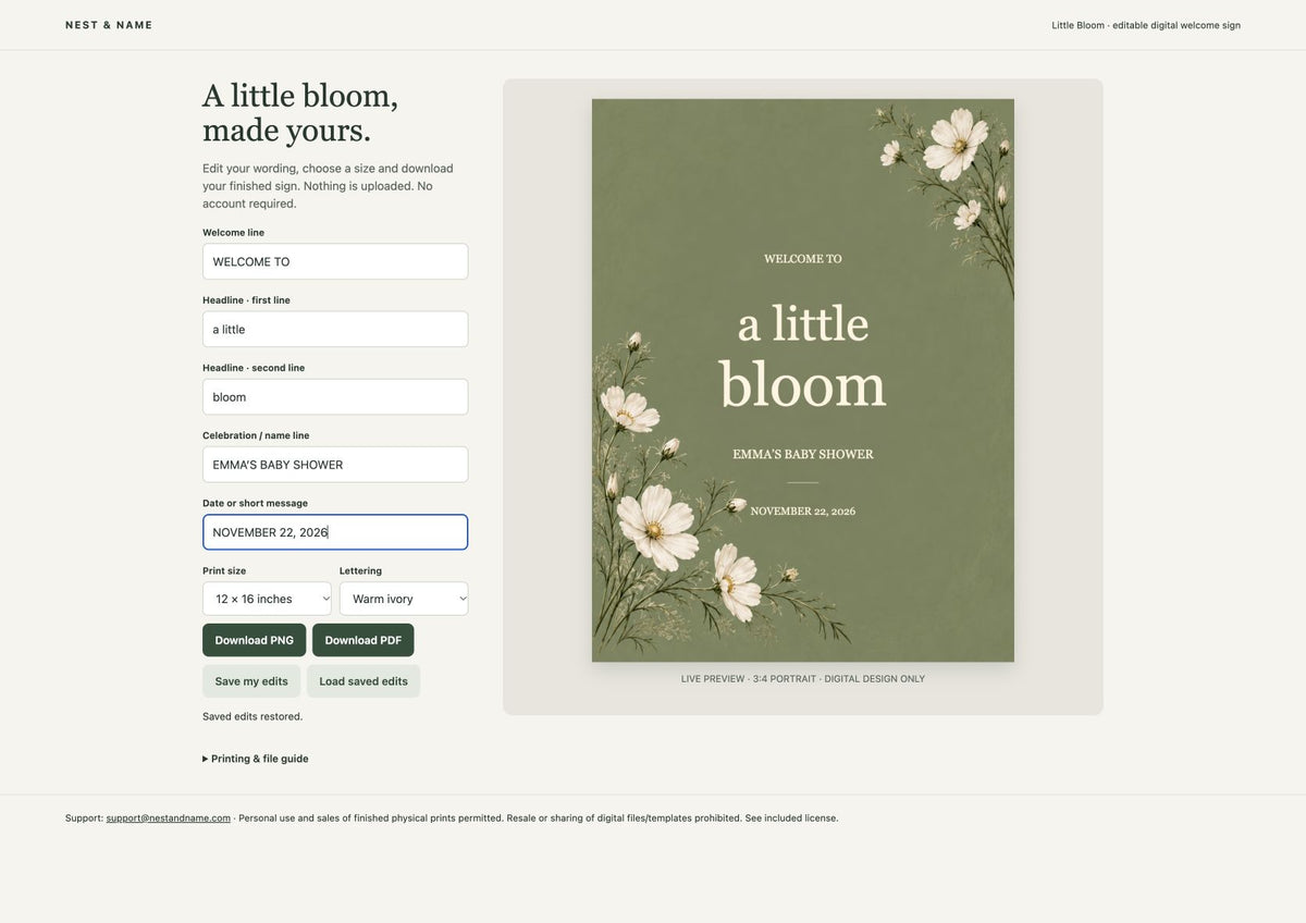 Little Bloom browser template editor showing editable name and date fields, sage floral sign preview, and PNG and PDF download options.