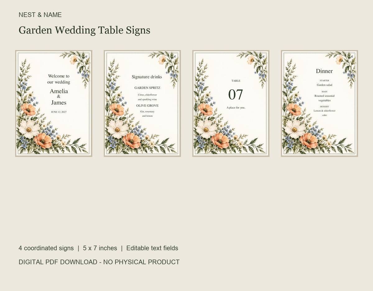 Four botanical wedding table signs with watercolor flowers: welcome, signature drinks, table number and menu, in editable 5x7 PDF format.