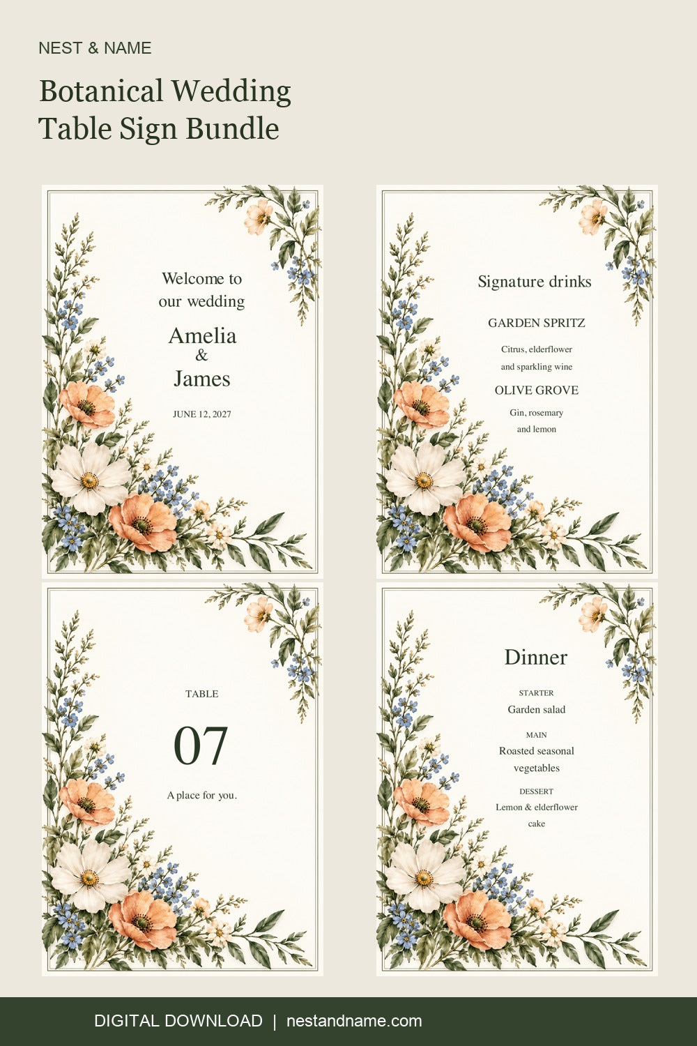 Botanical wedding table sign bundle preview with floral welcome, drinks, table number and menu signs; four editable 5x7 PDF pages.