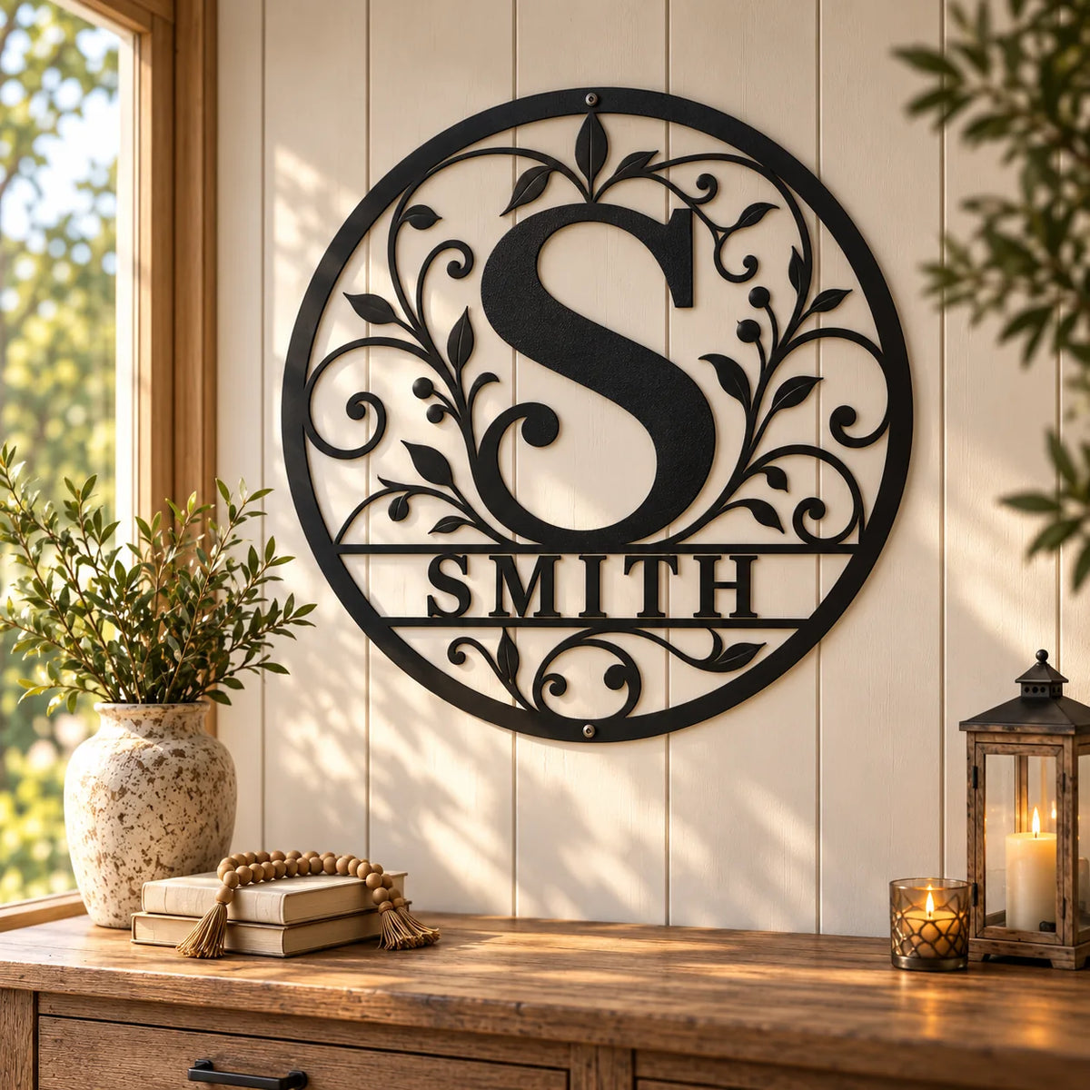 Botanical Initial & Family Name Metal Sign - design and display example 3