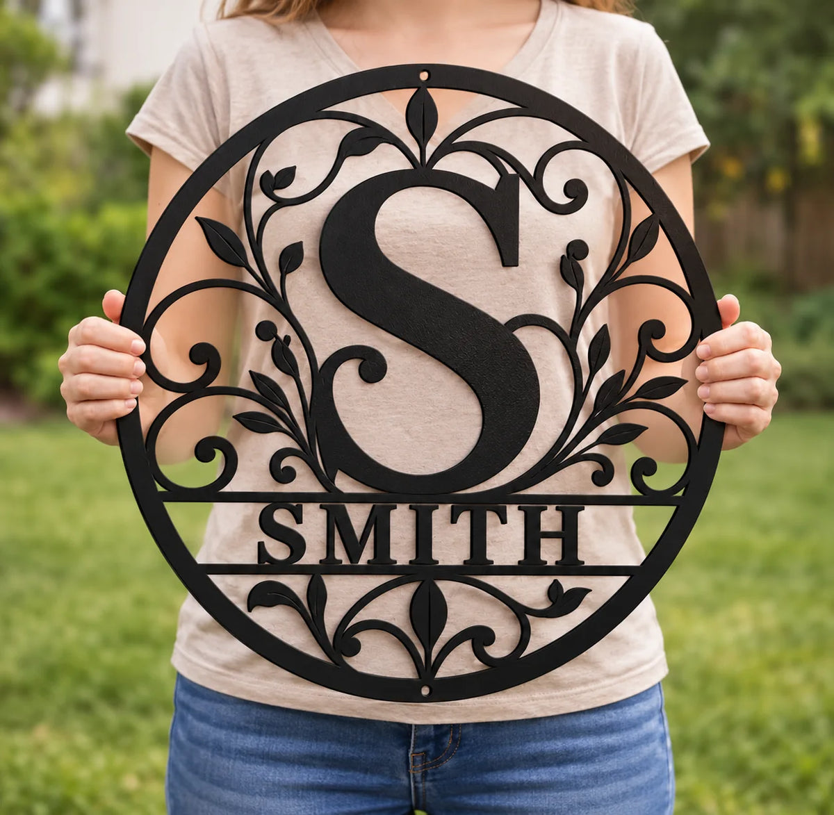 Botanical Initial & Family Name Metal Sign - design and display example 4