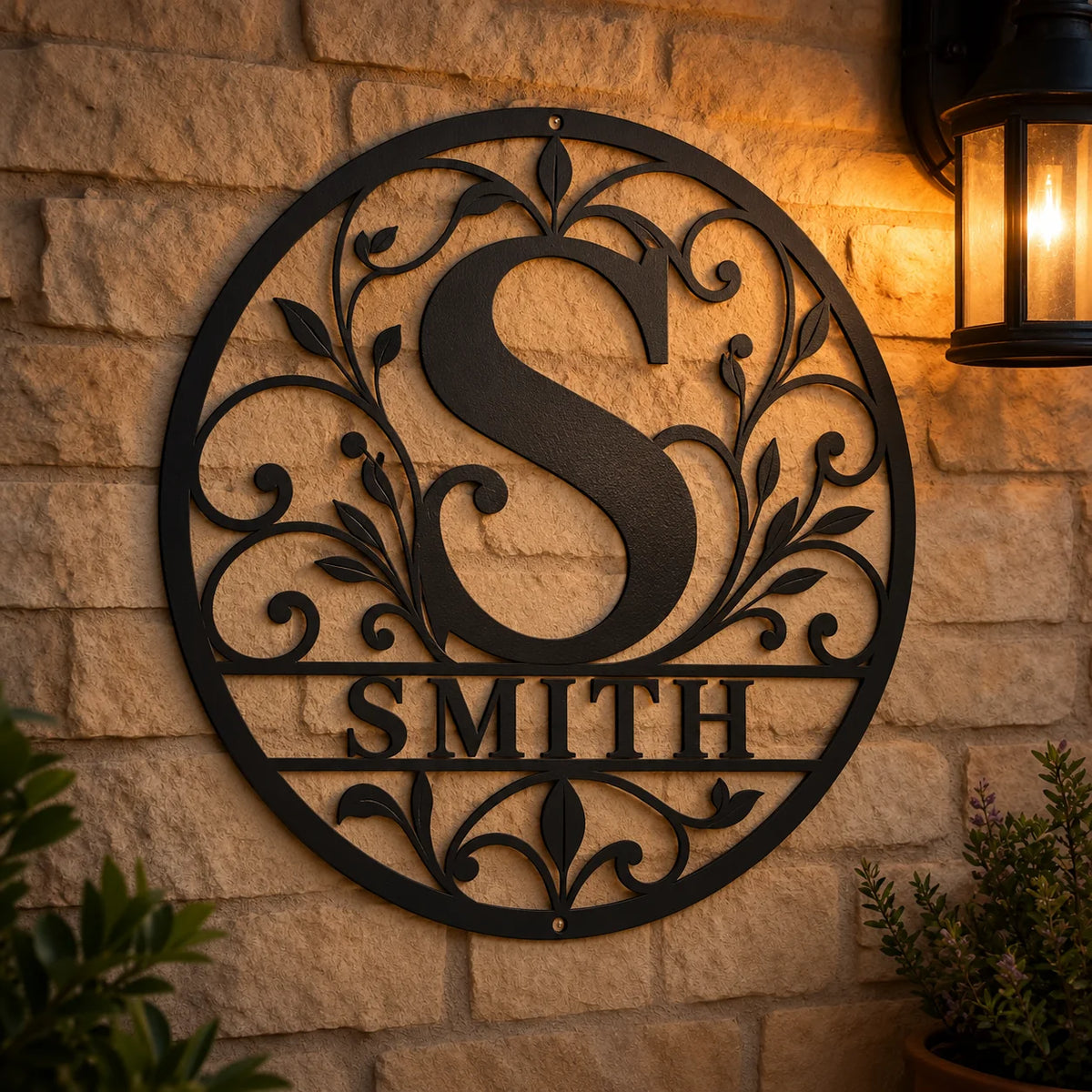 Botanical Initial & Family Name Metal Sign - design and display example 6