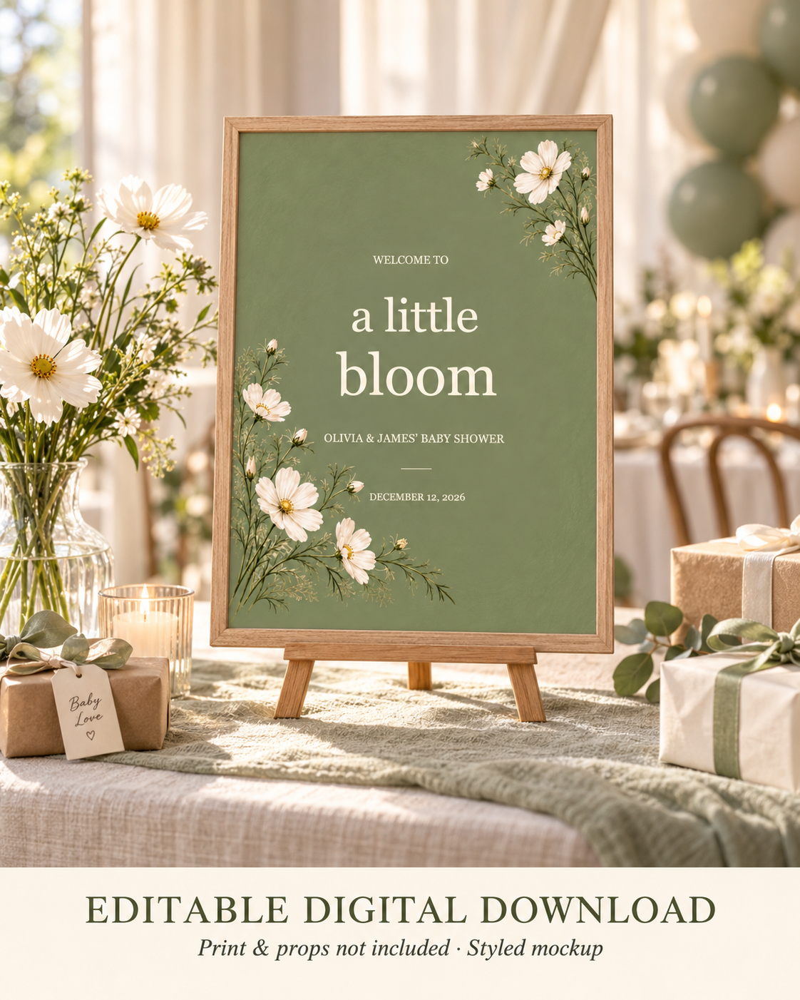 Little Bloom editable baby shower welcome sign shown as a framed print on a venue welcome table. Styled mockup; digital file only.