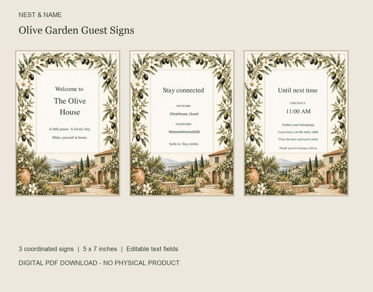 Three olive guest signs for a vacation rental: welcome, Wi-Fi password and checkout, with watercolor botanical borders and editable 5x7 PDF text.