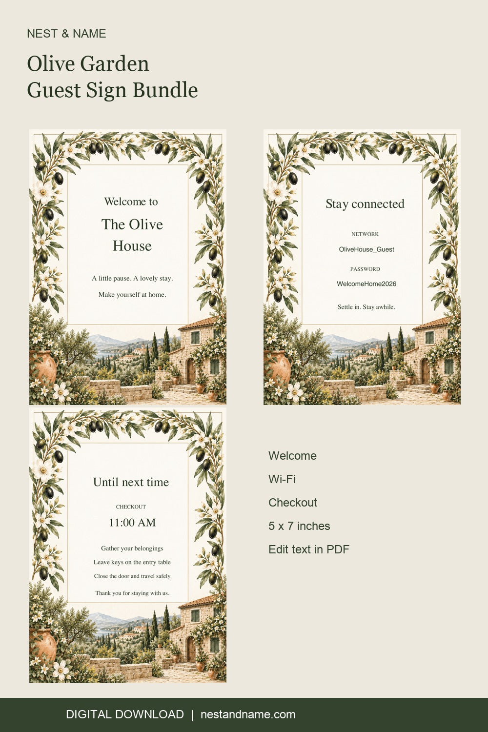 Olive guest sign bundle preview featuring welcome, Wi-Fi and checkout signs with green botanical artwork; three editable 5x7 PDF pages.
